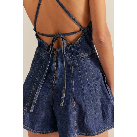 Free People We The Free Nostalgia Ultra-Shortalls Romper Denim Swingy L 282592 - Picture 3 of 8